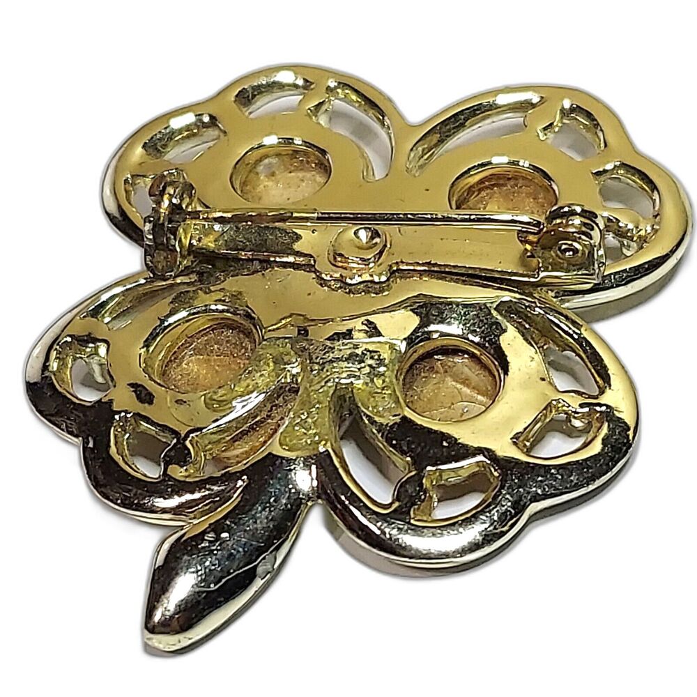 Flower Pin brooch blue center tan hearts on goldtone 1 3/4 in MOP - Picture 3 of 4